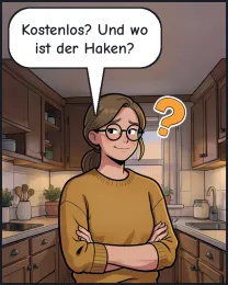 Comicfigur Lena fragt: Kostenlos? Und wo ist der Haken?